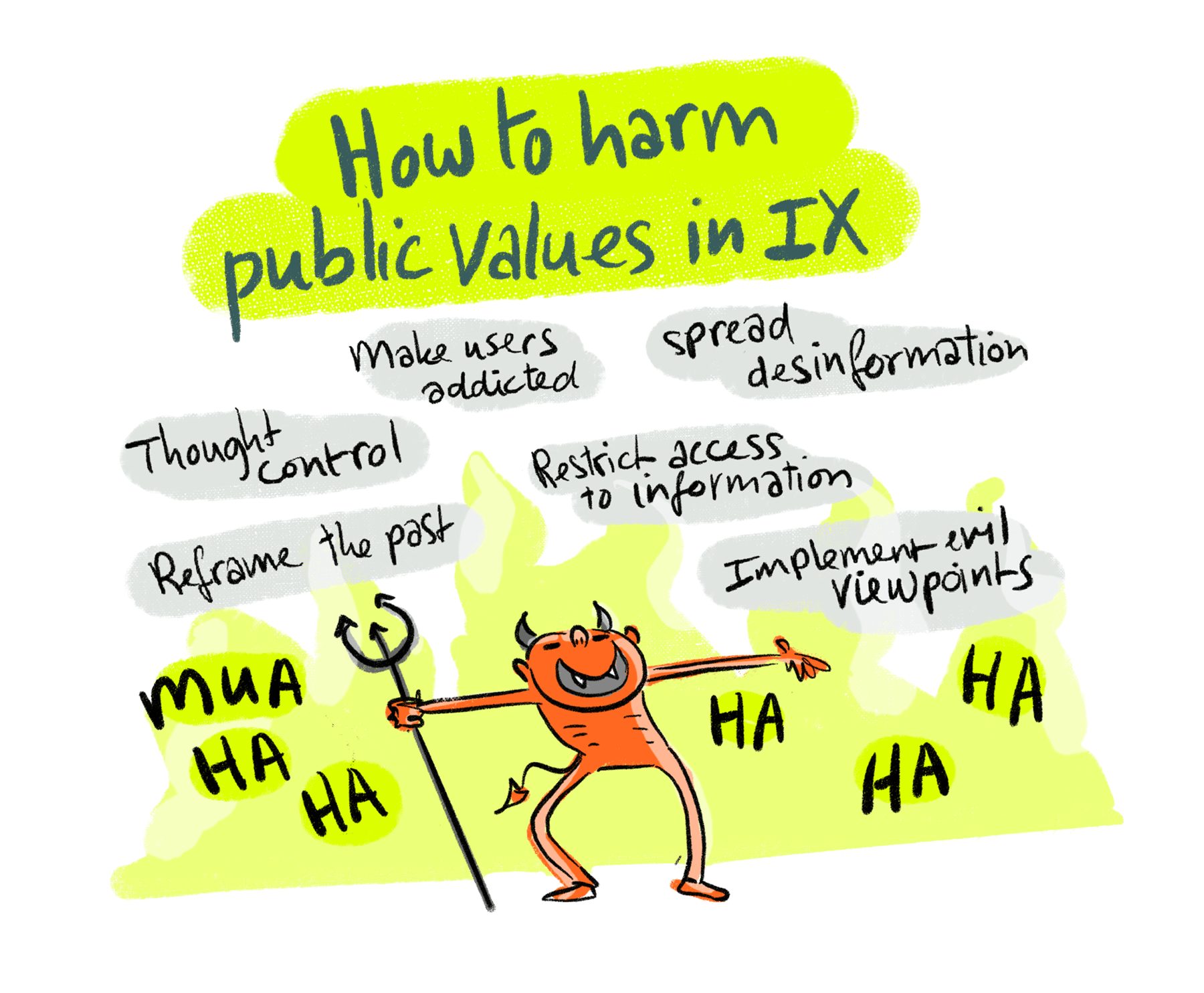 Cartoon devil character with a pitchfork laughing, surrounded by text about harmful public values in IX, like disinformation.